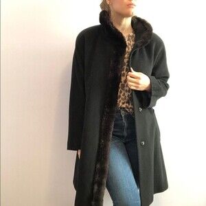 VTG Ellen Tracy black wool faux fur trim coat Sz 10 Mob Wife Chic Old Money
